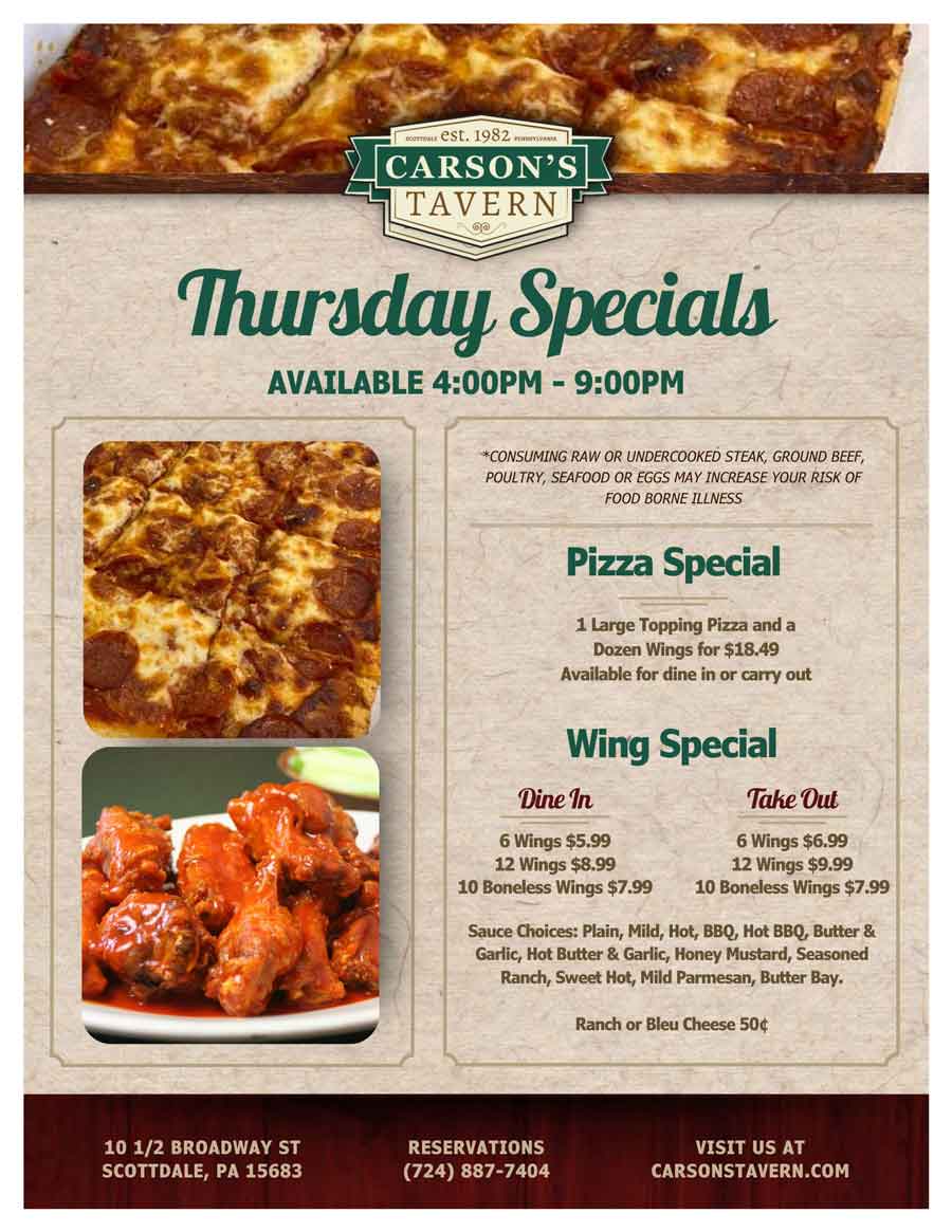 Carson's Tavern in Scottsdale, AZ Thursday specials wings and pizzas