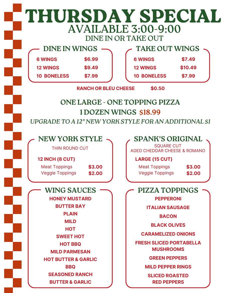 Thursday specials at our restaurant in Scottdale PA: wings, pizza, sauces, and toppings, 3-9 PM.